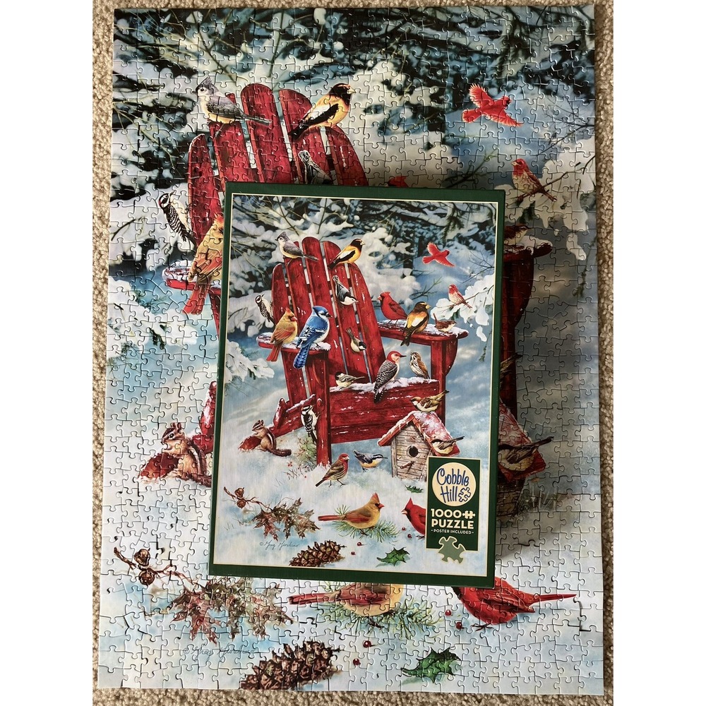 Cobble Hill New Sealed 1000 Piece Jigsaw‎ Puzzle Adirondack Birds Red Chair Snow